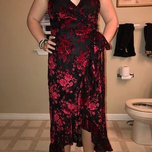 Red and black floral wrap dress